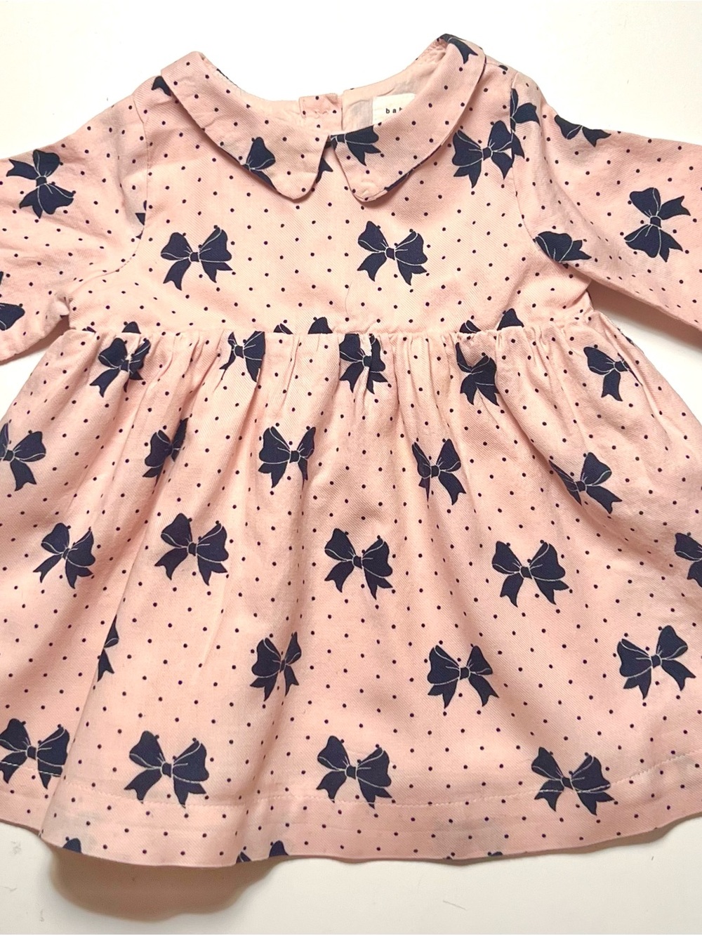 BabyGAP Pink Long-Sleeve Black Bow Tiny Dot Print Dress 3-6M